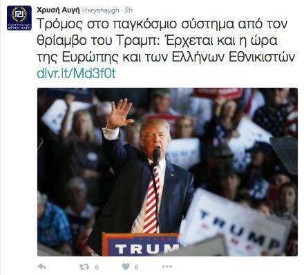 Tweet: Greek fascist Golden Dawn party: “Terror to the world system with trumps victory. the time has come for european and greek nationalism.”