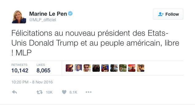 Tweet: Personal congratulations from Marine Le Pen (Front National, France) on Trump win.
